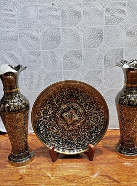 巴基斯坦手工铜器盘摆花瓶摆件玄关客厅装饰柜仿古铜制家居铜盘子