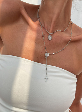 欧美风饰品3件套镶钻十字架链项链套装水晶铜包铁链颈链音乐节女