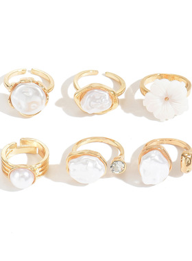 复古法式仿珍珠戒指套装欧美小众高级感不规则花朵气质网红手饰女