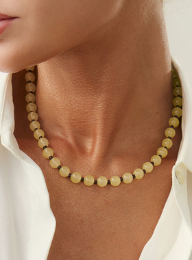 欧美跨境饰品 高级感淡绿色透玻璃串珠项链 时尚简约米珠锁骨