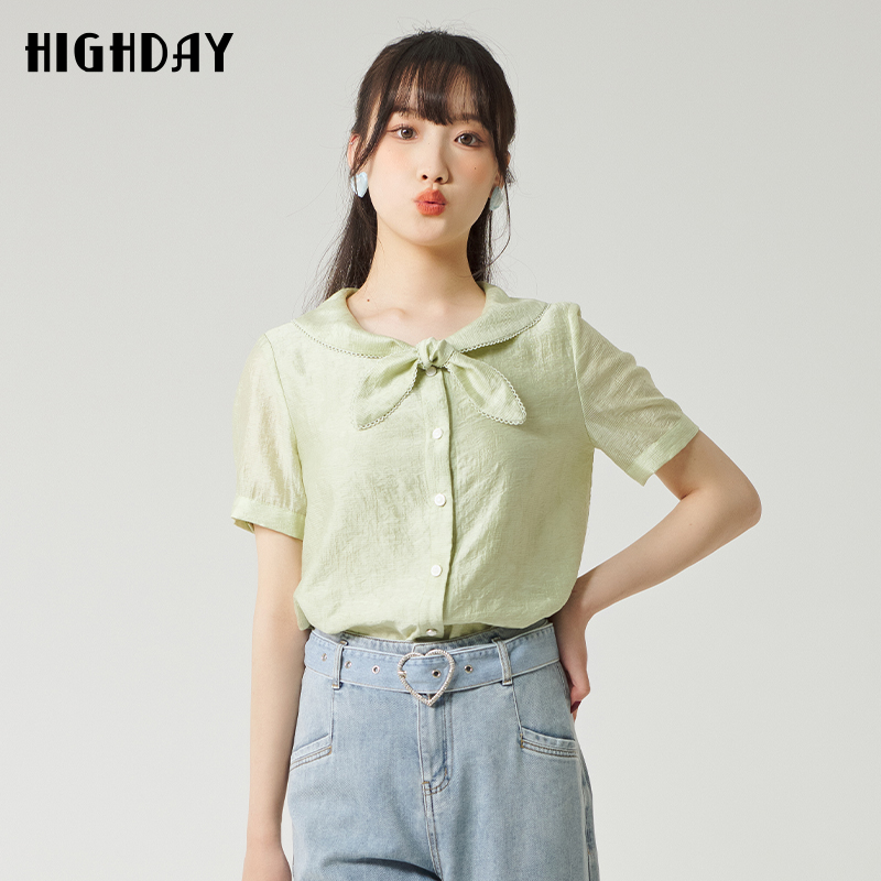 highday轩日2023夏季新款牛油果绿蝴蝶结衬衣女甜美短袖衬衫chic - 图2