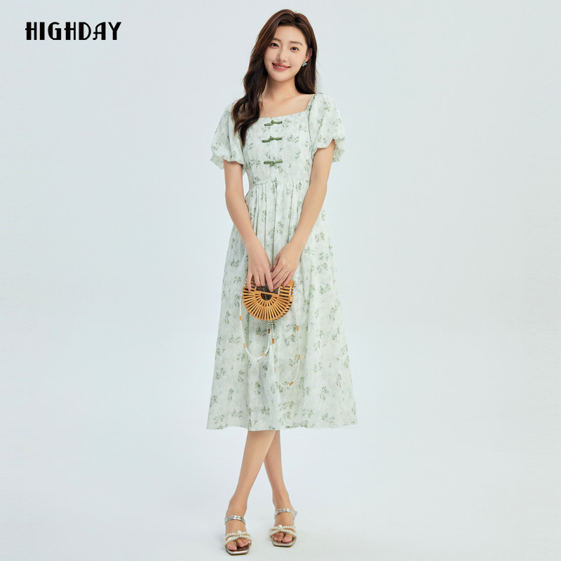 轩日2024夏装新款方领淡雅收腰印花裙女新中式修身泡泡袖连衣裙潮,淘宝优惠券,粉丝福利购,淘宝优惠卷