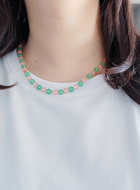 复古天然石粉绿撞色串珠项链女东陵玉彩色多巴胺叠戴ins小众设计