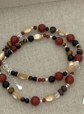 S925银新中式国风设计感红玛瑙贝壳项链气质高级感虎眼是串珠颈链