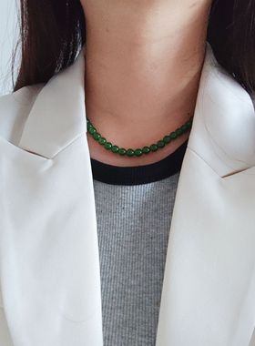 显白新中式绿色玉髓串珠碧玉色项链元宝扣复古锁骨链2024新款爆款