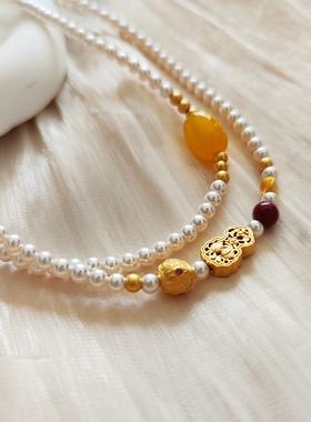 施家小米珠葫芦珍珠项链朱砂玉髓锁骨链女复古新中式白搭毛衣链