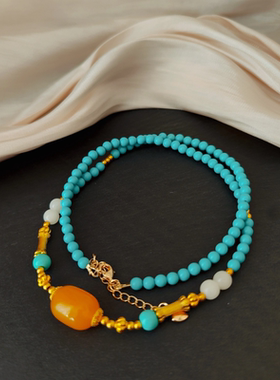 锁骨链串珠轻奢鸡油黄蜜蜡新中式小众优化绿松石复古高级感项链女