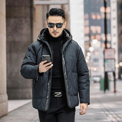 进口黑貂貂袖整貂内胆连帽皮草外套冬季新款男士短款派克服 - 图0