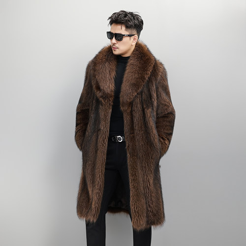 进口美洲浣熊过膝皮草大衣男士冬季高端皮毛一体青果领纽扣外套 - 图2