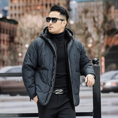 进口黑貂貂袖整貂内胆连帽皮草外套冬季新款男士短款派克服 - 图1