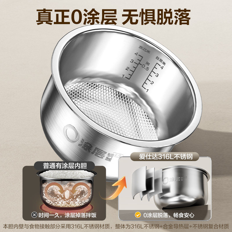 爱仕达家用电饭煲小型2L无涂层多功能电饭锅316L不锈钢内胆1到2人