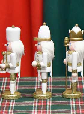 新品15CM套三怀旧胡桃夹子朋友手工圣诞送礼摆件白金色木偶人复古