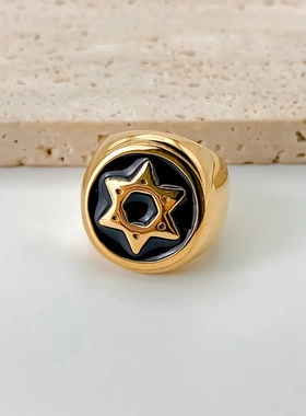 eManco欧美复古六芒星不锈钢戒指