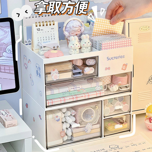 桌面收纳盒抽屉学生宿舍书桌文具化妆品办公室整理盒笔筒置物架柜 - 图3