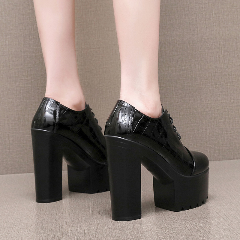 酒红色漆皮14cm圆头走秀超高跟鞋女厚底防水台粗跟系带深口单鞋女 - 图2