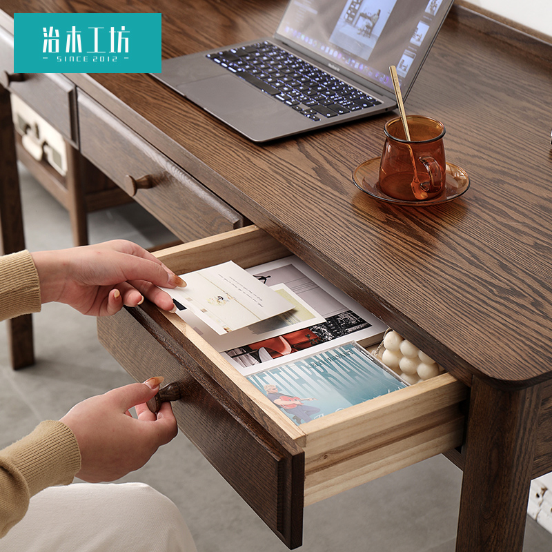 治木工坊纯实木书桌美式简约胡桃色红橡木电脑桌写字台办公桌家具 - 图1
