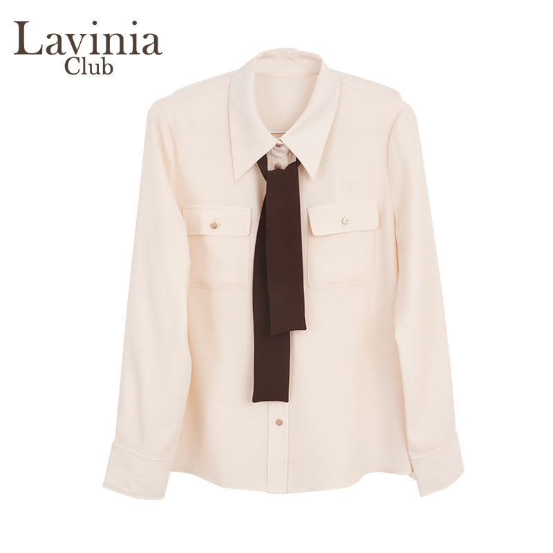 Lavinia 米白色衬衫女上衣设计感上衣春新款小众别致领结衬衣,淘宝优惠券,粉丝福利购,淘宝优惠卷