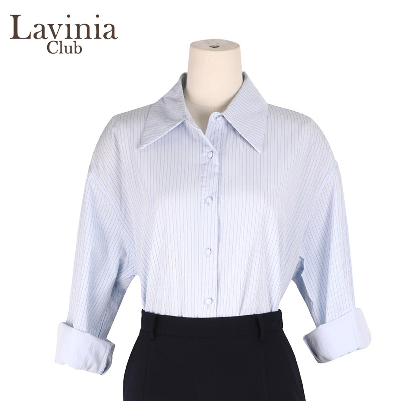 Lavinia 2025春夏新款翻领设计淡人气质通勤蓝色条纹衬衫Y51C153S