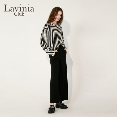Lavinia秋新款黑白条纹软糯休闲圆领针织衫显瘦上衣A55Z109R - 图2