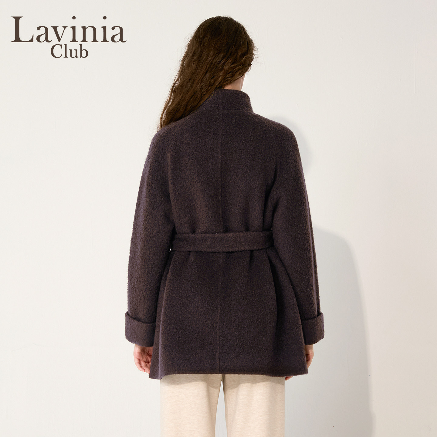 Lavinia2025年冬季新款简约大气系带中短款羊毛双面呢大衣外套女,淘宝优惠券,粉丝福利购,淘宝优惠卷