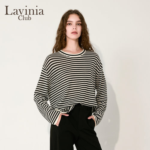 Lavinia秋新款黑白条纹软糯休闲圆领针织衫显瘦上衣A55Z109R - 图0