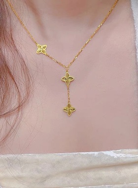 2024新款小众设计三花幸运草钛钢项链镀18K金锁骨链百搭时尚气质