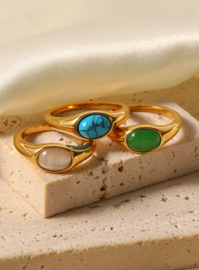 欧美INS风高品质跨境猫眼石戒指女时尚百搭钛钢绿松石指环中指