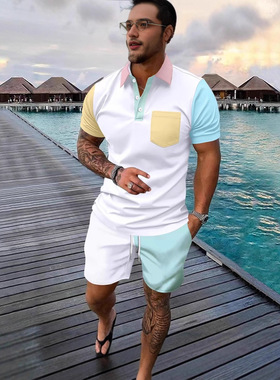 Men's shirt set欧美风数码印花商务休闲短袖polo衫短裤男士套装