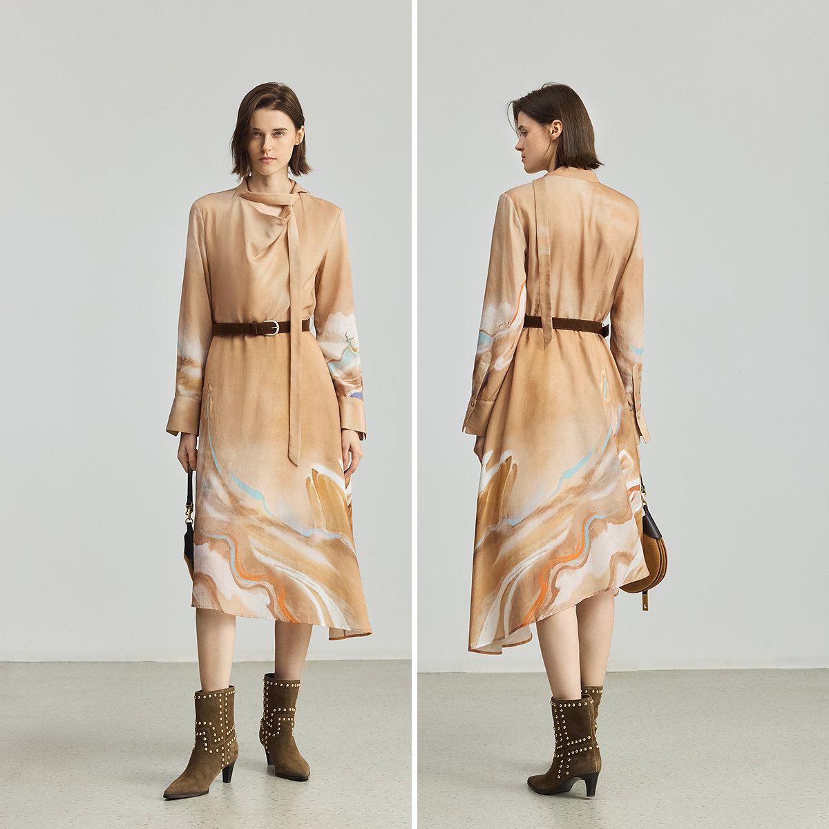 敦煌系列LILY2025新款莱赛尔亚麻荡领飘带复古印花收腰连衣裙女,淘宝优惠券,粉丝福利购,淘宝优惠卷