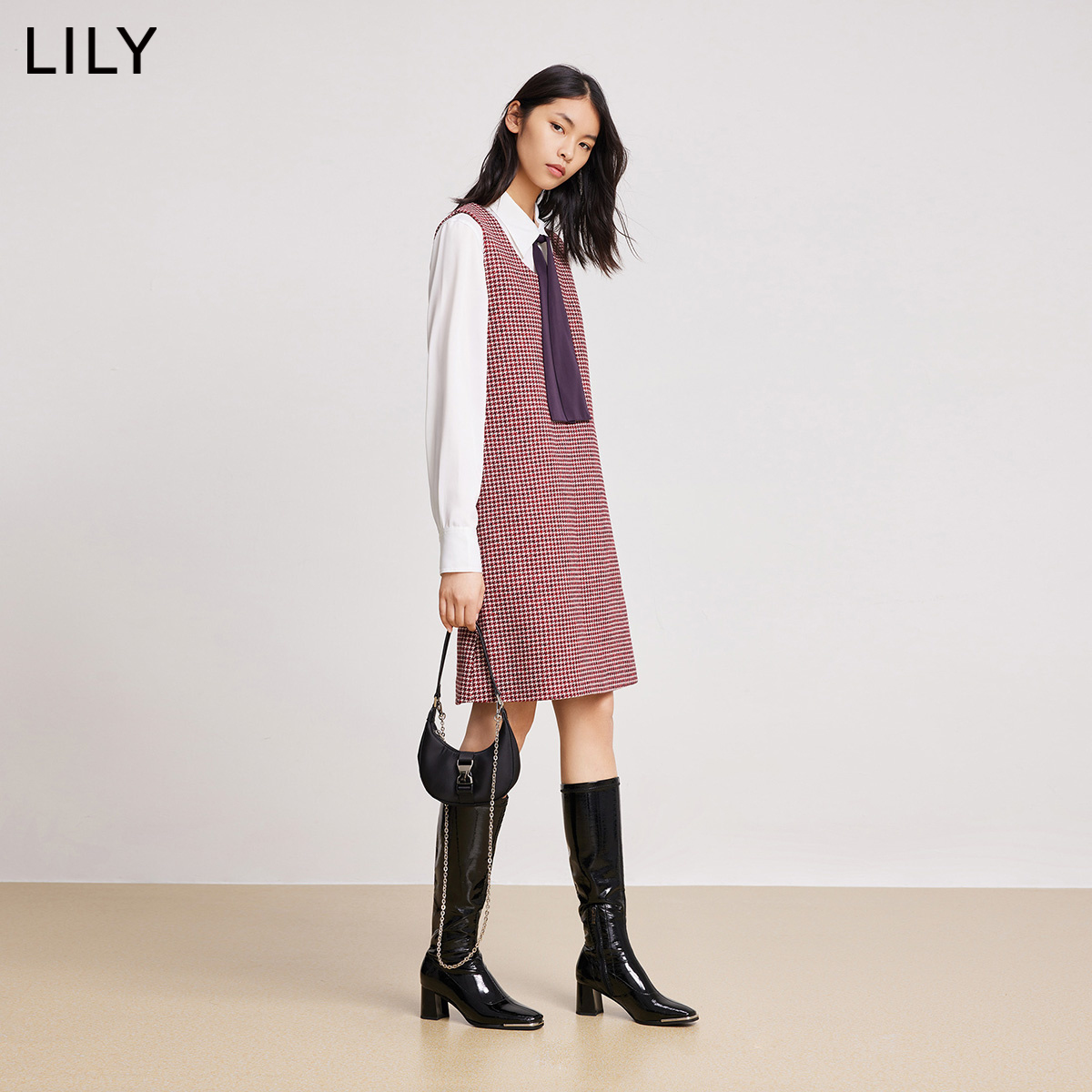 【商场同款】LILY2022春新款女装复古优雅千鸟格中长款吊带连衣裙 - 图0