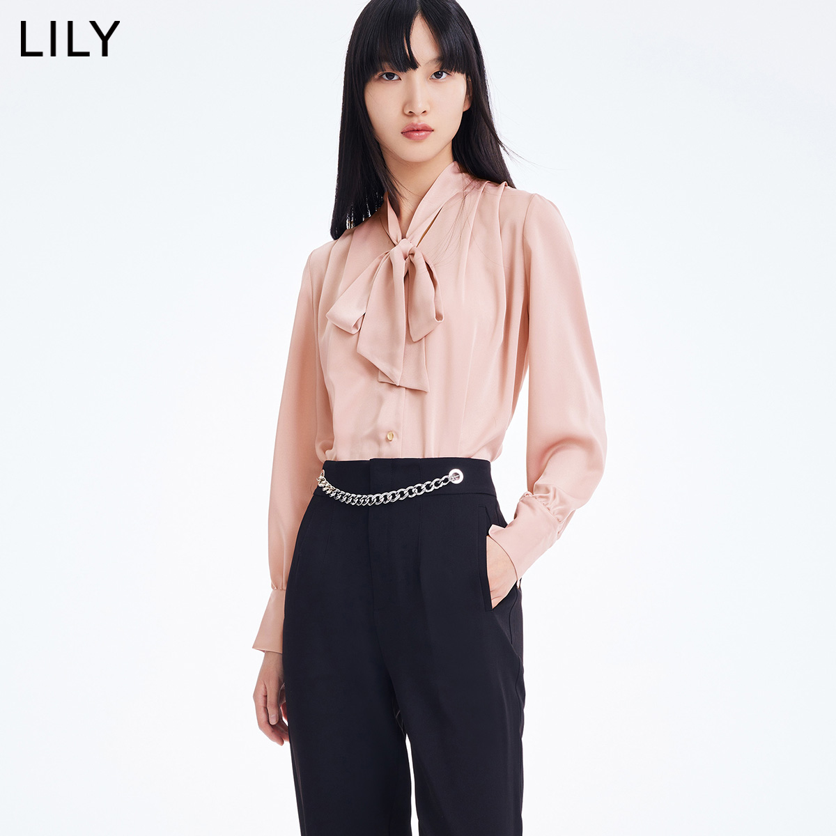 LILY官方旗舰店LILY2022春新款女装优雅别致飘带小众设计感褶皱长袖衬衫内搭上衣0