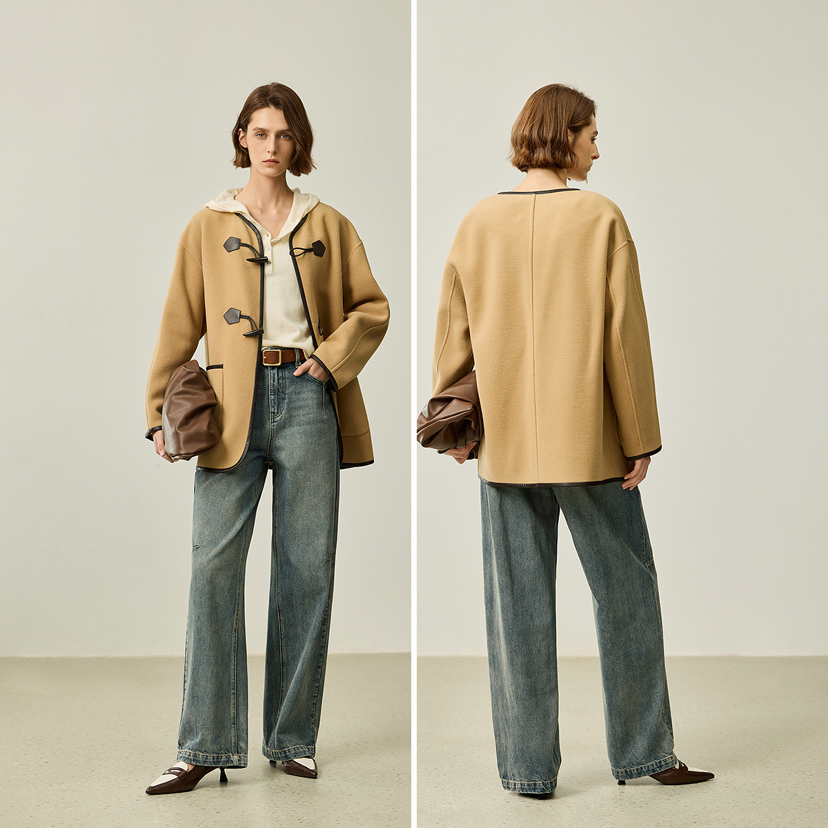 【商场同款】LILY2024冬新款女装100%绵羊毛无领牛角扣双面呢外套 - 图3