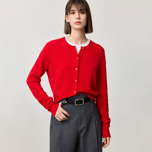 【商场同款】LILY2025新款女装亮片绣花刺绣圆领针织开衫外套女 - 图2