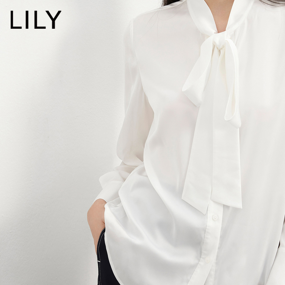 lily官方旗舰店【商场同款】LILY秋季新款女装法式蝴蝶结宽松长袖雪纺白衬衫2