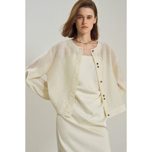 LILY2025新款女装含莱赛尔亚麻宽松休闲圆领轻薄米白色外套短款 - 图1