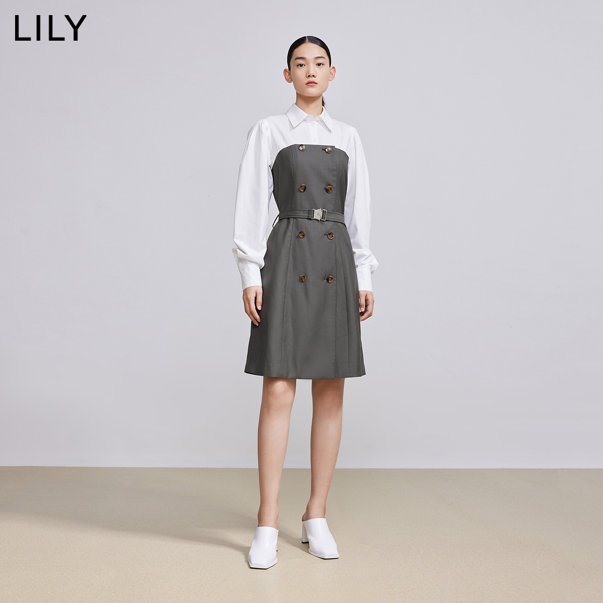 【商场同款】LILY2022春新款女装复古泡泡袖修身假两件衬衫连衣裙 - 图1