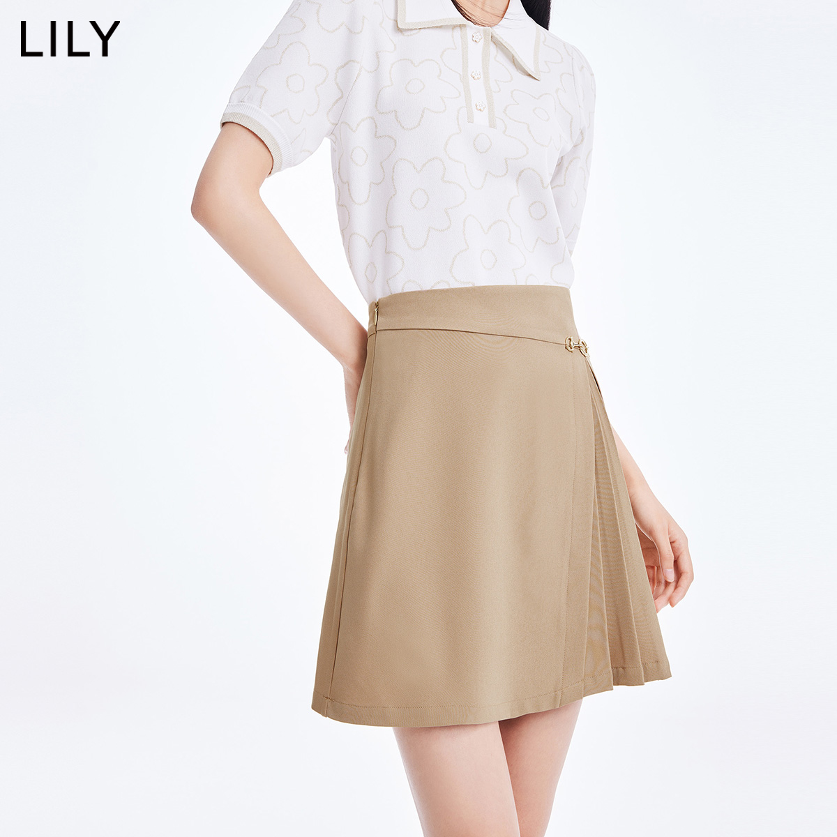 LILY2022夏新款女装高腰显瘦不对称百褶短裙黑色通勤西装半身裙 - 图1