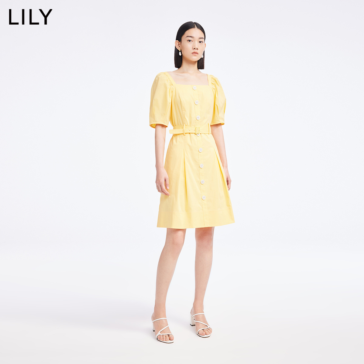 【商场同款】LILY2022夏新款女装气质温柔纯色法式方领高腰连衣裙 - 图1