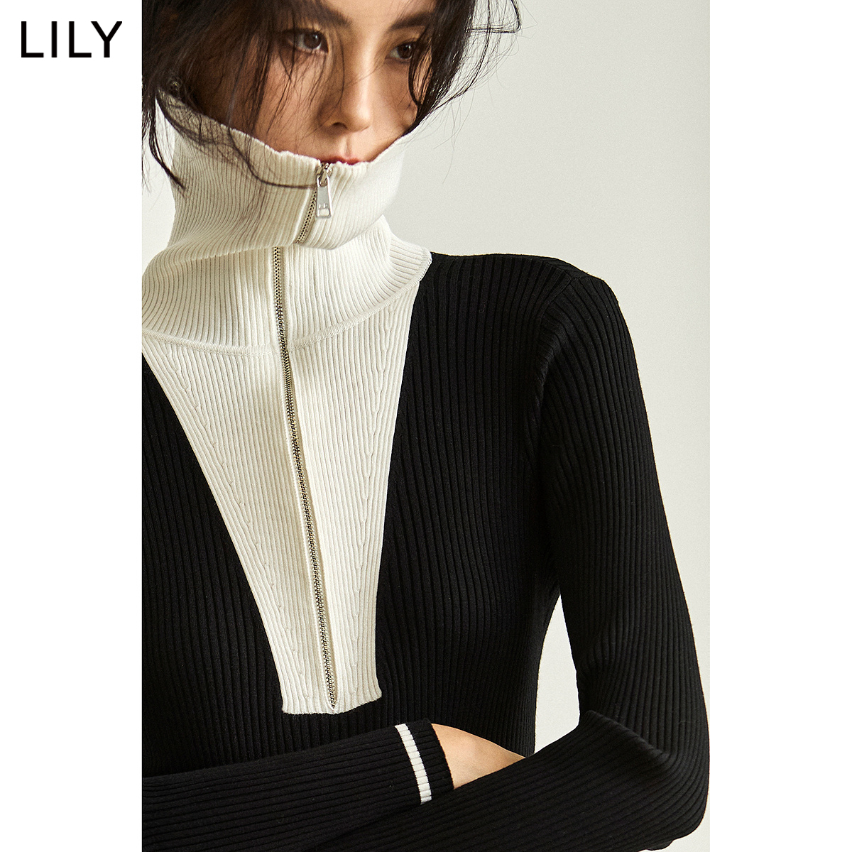 LILY2024春新款女装通勤设计感撞色复古拉链翻领针织连衣裙小个子-图1