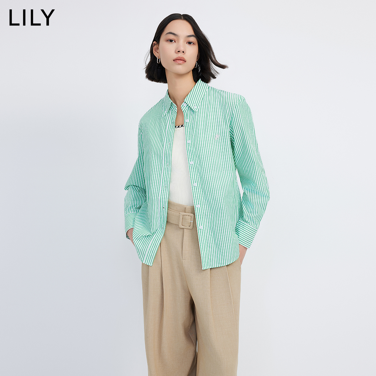 LILY2024春新款女装舒适全棉别致绣花复古条纹垂坠感通勤衬衫上衣-图3