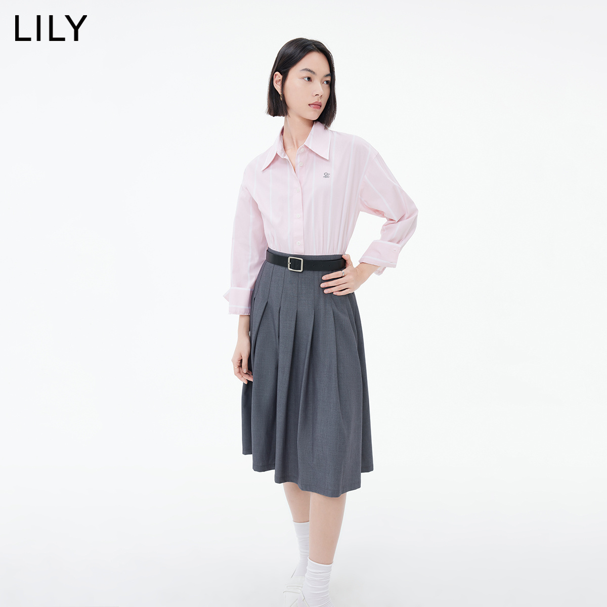 LILY衬衫式假两件休闲简约通勤连衣裙23秋装新款高腰修身气质裙子