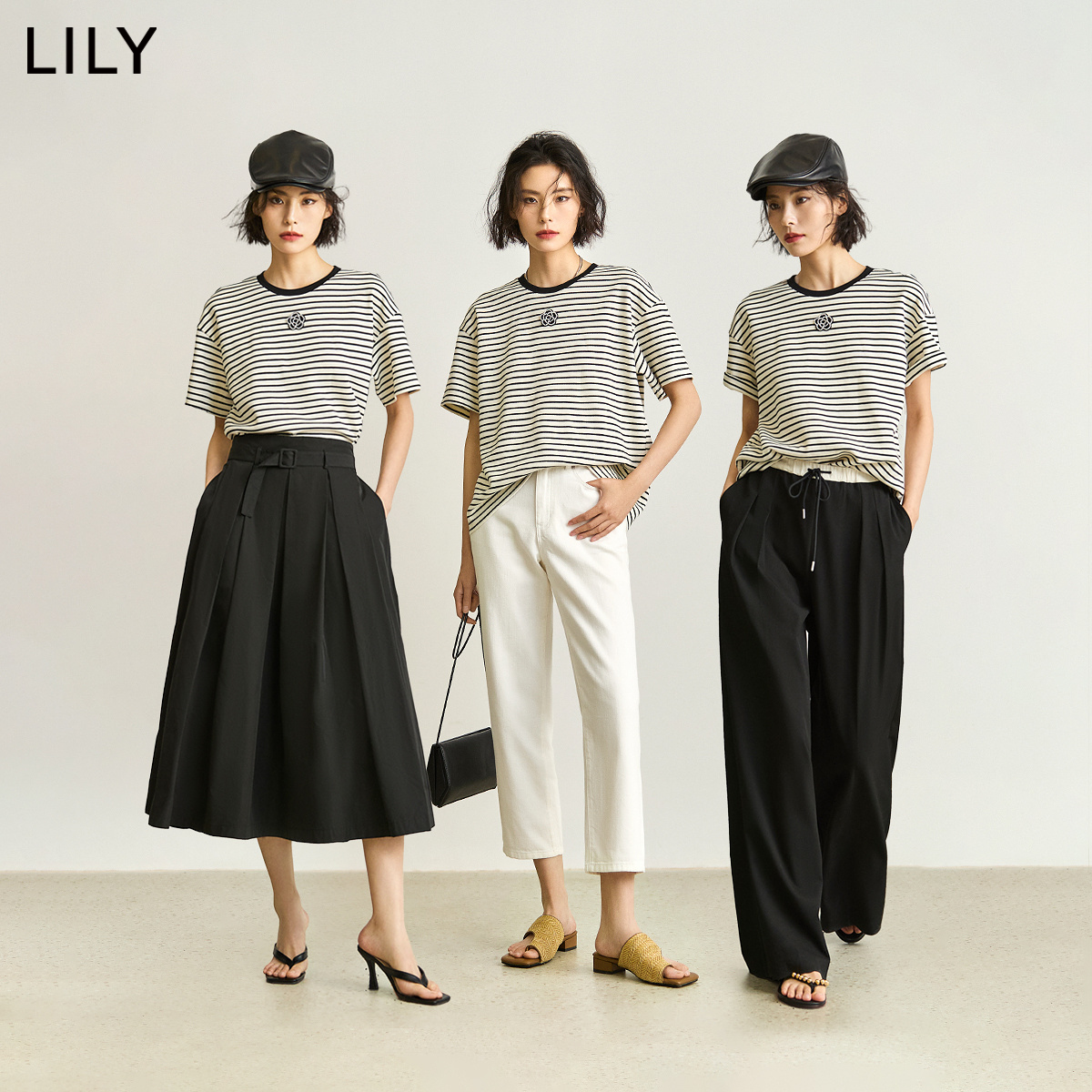 LILY2024夏新款女装时尚休闲通勤款百搭宽松舒适透气条纹短袖T恤-图2