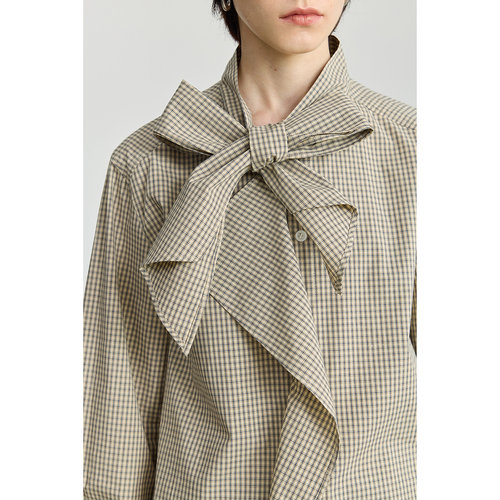 LILY2025冬新款女装纯棉格纹飘带领气质通勤宽松休闲浅色衬衫外套 - 图0