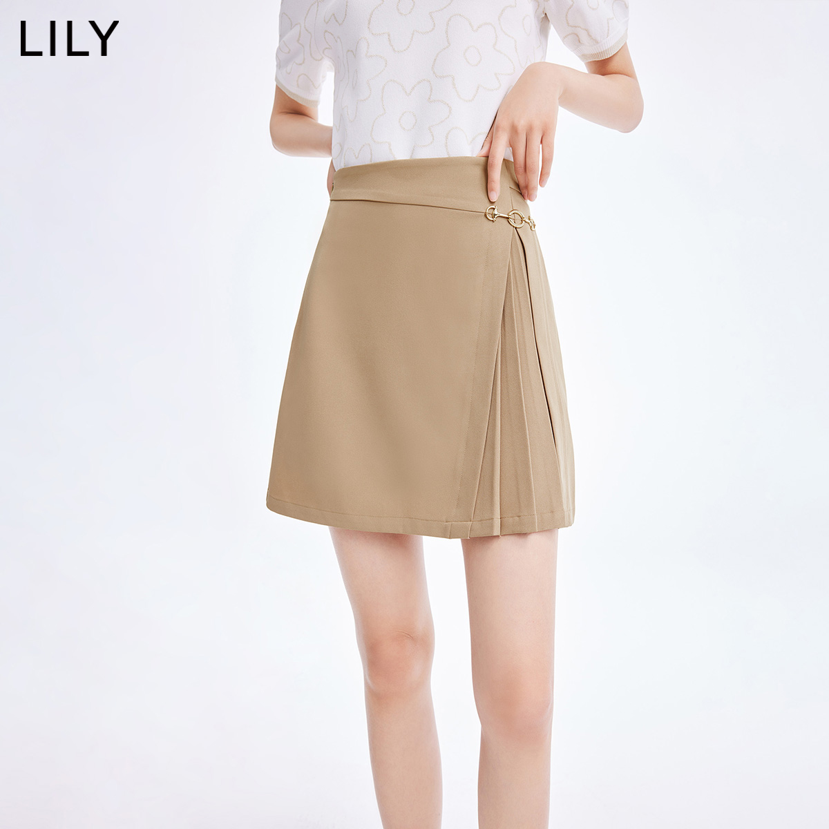 LILY2022夏新款女装高腰显瘦不对称百褶短裙黑色通勤西装半身裙 - 图0