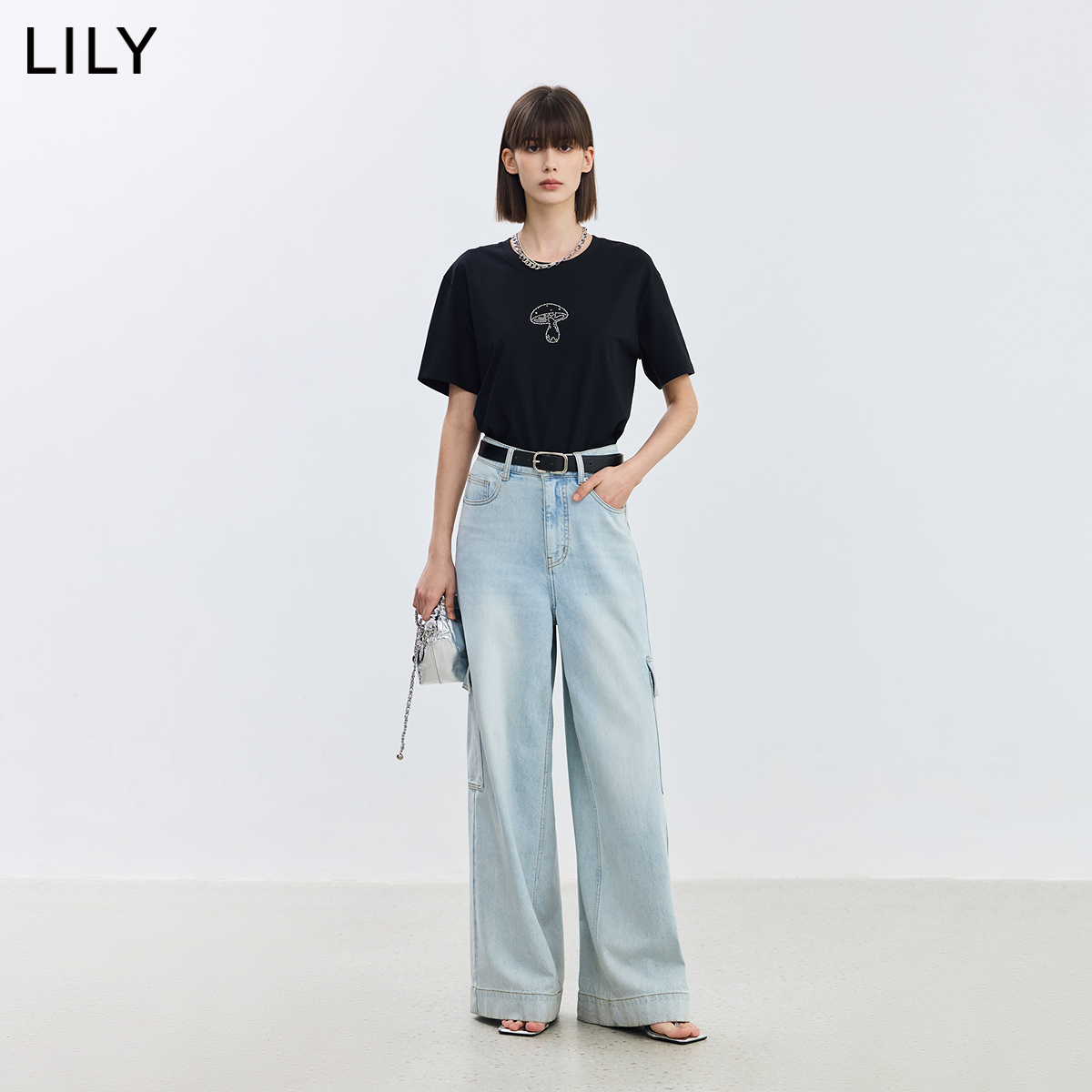 【凉感呼吸Tee】LILY2024夏新款蘑菇索罗娜基础复古百搭宽松T恤女 - 图1