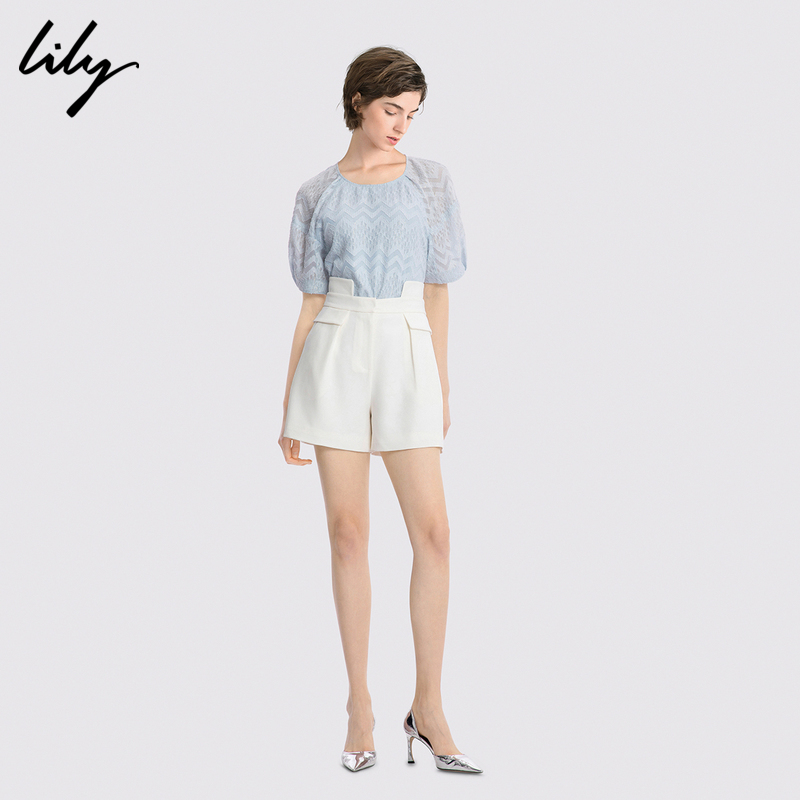 lily官方旗舰店Lily夏季新款女装气质蕾丝宽松套头小上衣圆领短袖雪纺衫1