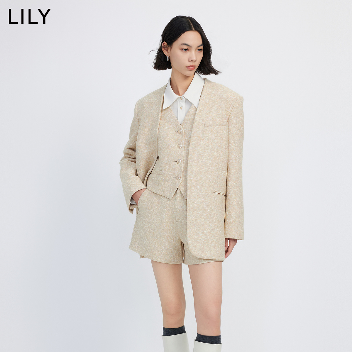 LILY2024春新款女装含亚麻多巴胺穿搭通勤款商务显瘦阔腿休闲短裤 - 图2