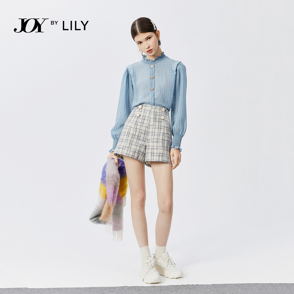 lily官方旗舰店LILY秋季新款女装宫廷风木耳边宽松套头小上衣蓝色长袖雪纺衫1