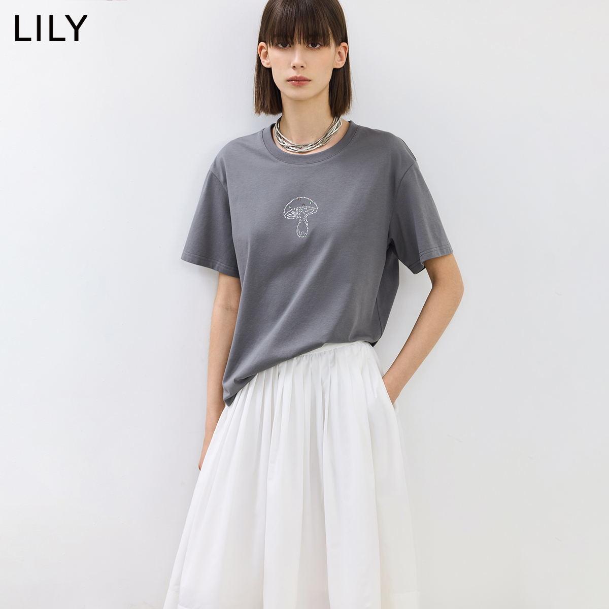 【凉感呼吸Tee】LILY2024夏新款蘑菇索罗娜基础复古百搭宽松T恤女 - 图0