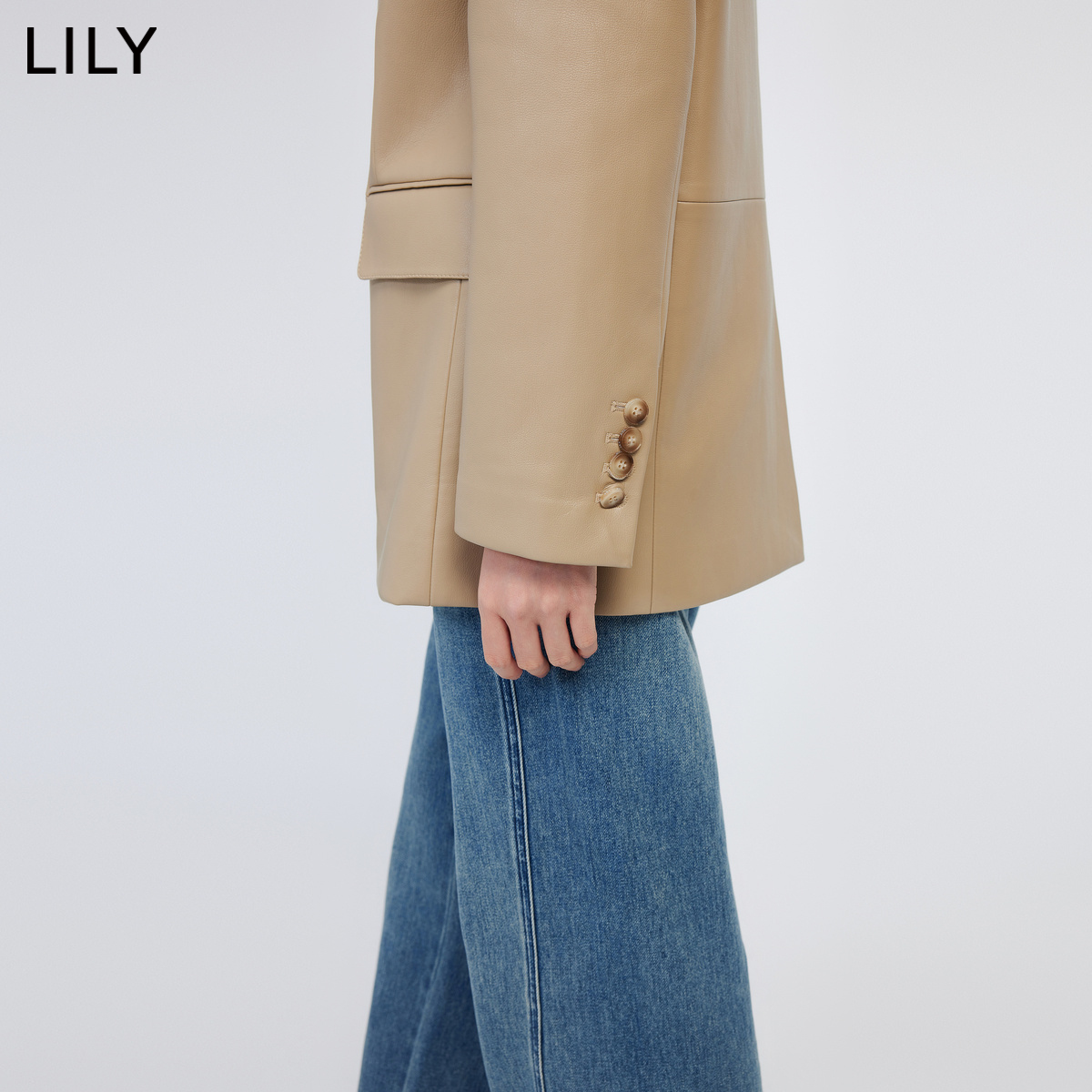 LILY2024春新款女装商务通勤气质时尚复古单排扣休闲PU皮西装外套 - 图1